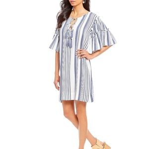 Tassel Tie Striped Dress with Ruffled Sleeves, Size L